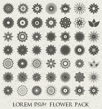 Pack of 49 transparent light grey abstract geometric flowers logo template on vintage ivory background. Business abstract icon. Use for logo, sign, symbol, web, label, icon. Vector illustration