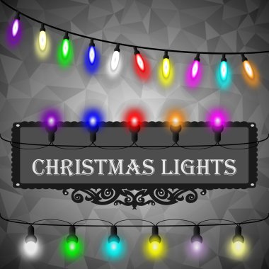 Noel ışıkları süslemeleri siyah soyut geometrik buruşuk üçgen grafik arka plan ayarla. Vektör çizim