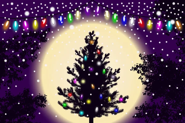 Αφηρημένη πτώση χιόνι, χριστουγεννιάτικο δέντρο το νέο έτος με φώτα διακοσμήσεις και το περίγραμμα του δέντρο αφήνει σε μοβ φόντο ηλιοβασίλεμα. Στυλ φόντου για το σχεδιασμό διακόσμηση και κάρτες. Vector εικονογράφηση — Διανυσματικό Αρχείο