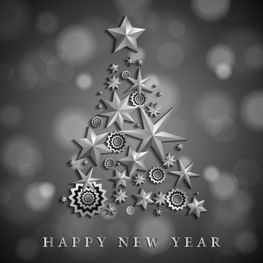 Christmas and New Year abstract with Christmas Tree made of stars and snowflakes on silver ambient blurred background. Vector illustration