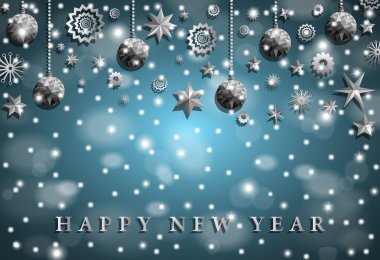 Origami stil parlak gümüş Noel oyuncaklar ile yıldız ve kar taneleri üzerinde mavi gölgeler ile kar ile arka plan bulanık. Vektör çizim