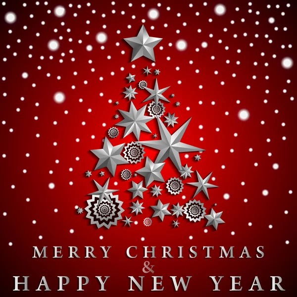 Resumen de Navidad y Año Nuevo con Árbol de Navidad hecho de estrellas y copos de nieve sobre fondo de degradado ambiental rojo. Ilustración vectorial — Vector de stock