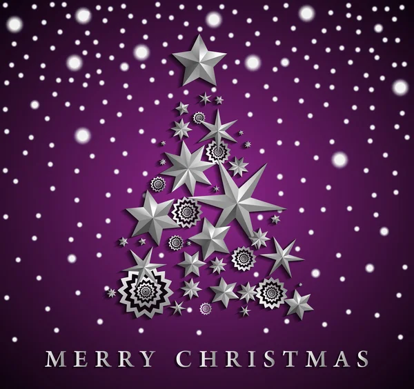 Noël et Nouvel An abstrait avec arbre de Noël fait d'étoiles et de flocons de neige sur fond de dégradé ambiant violet. Illustration vectorielle — Image vectorielle
