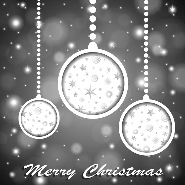 Colores suaves juguetes de Navidad brillantes plateados con estrellas y copos de nieve cortados en papel sobre fondo borroso con nieve. Ilustración vectorial — Vector de stock