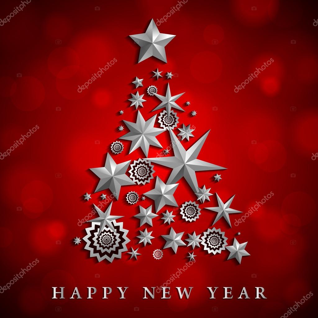 Christmas and New Year abstract with Christmas Tree made of stars and snowflakes on red ambient blurred background Vector illustration — Wektor od BoxerX