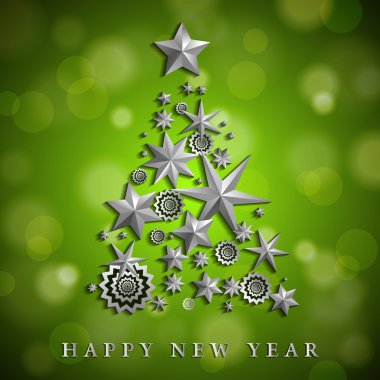 Christmas and New Year abstract with Christmas tree made of stars and snowflakes on green ambient blurred background. Vector illustration