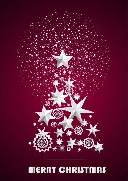 Christmas and New Year abstract with Christmas Tree made of stars and snowflakes with firework on dark pink ambient background. Vector illustration — Stock Vector