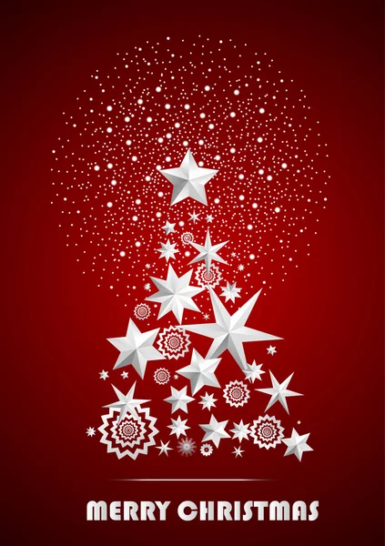 Resumen de Navidad y Año Nuevo con Árbol de Navidad hecho de estrellas y copos de nieve con fuegos artificiales sobre fondo borroso ambiente rojo. Ilustración vectorial — Vector de stock