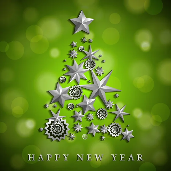 Noël et Nouvel An abstrait avec arbre de Noël fait d'étoiles et de flocons de neige sur fond vert ambiant flou. Illustration vectorielle — Image vectorielle