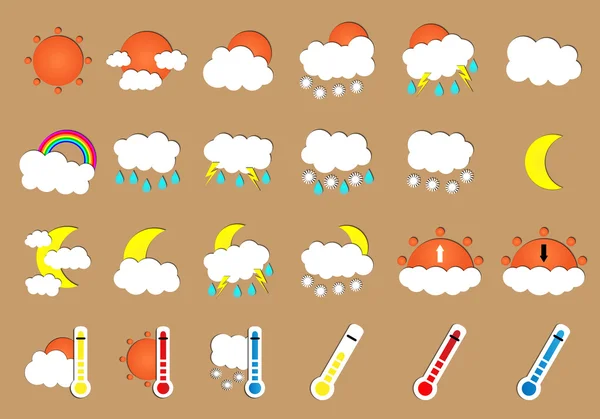 Set of 24 vector weather flat icons on beige background. Vector illustration — Stockvector