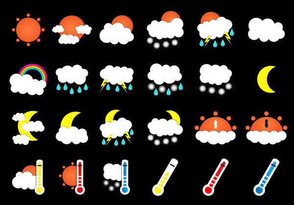Набор из 24 векторных погодных плоских иконок на черном фоне. Векторная иллюстрация
