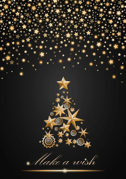 New Year and Christmas card design: gold Christmas Tree made of stars and snowflakes with abstract shining falling stars on grey ambient background. Vector illustration — Stock Vector