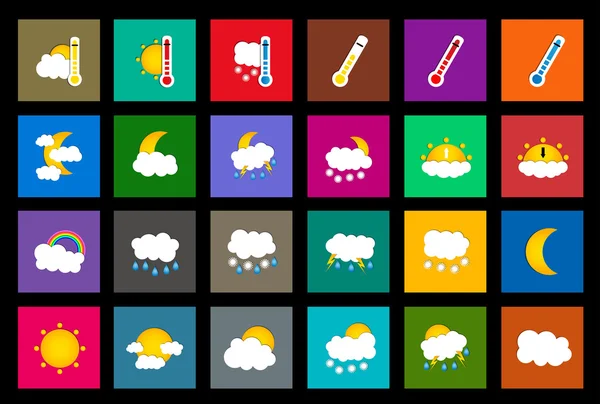 Ensemble de 24 icônes plates de style fenêtre de couleur carrée météo vectorielle sur fond noir. Illustration vectorielle — Image vectorielle