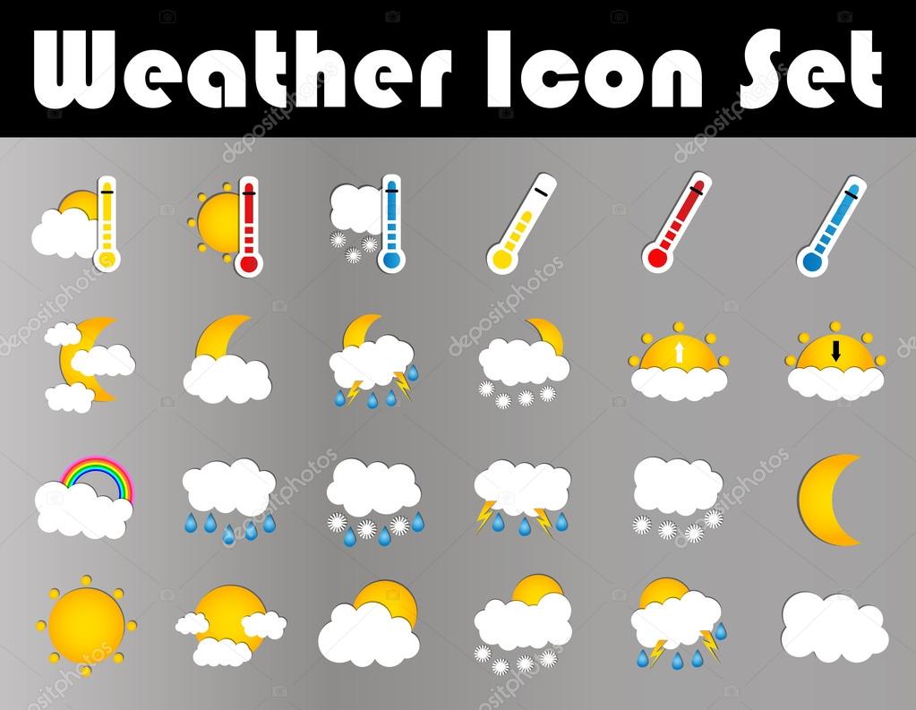 Set of 24 vector weather flat icons on grey background. Vector illustration