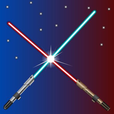 Yeni tasarım kırmızı ve mavi ışık kılıç kırmızı ve mavi gece gökyüzü arka plan üzerinde geçti. Kuvvet denge kavramı. Vektör çizim