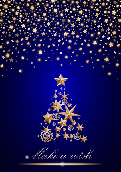 Projekt nowego roku i kartki świąteczne: złota Choinka gwiazd i płatki śniegu z streszczenie świeci spadających gwiazd na niebieskim tle otoczenia. Ilustracja wektorowa — Wektor stockowy