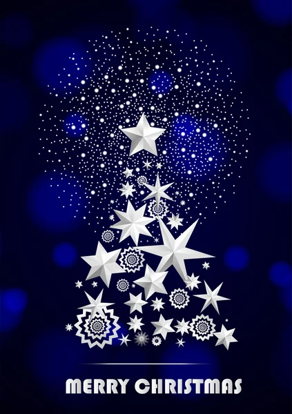 Christmas and New Year abstract with Christmas Tree made of stars and snowflakes with firework on dark blue ambient background. Vector illustration — Stock Vector