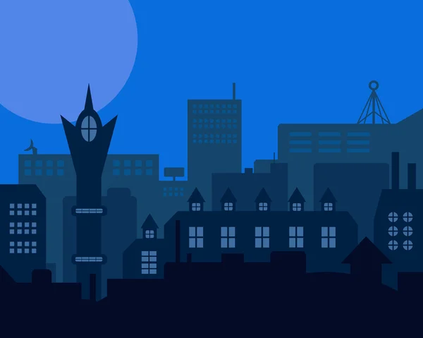 Ночной промышленный европейский город синий стиль винтажный пейзаж. Векторная иллюстрация — стоковый вектор
