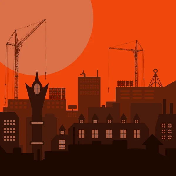 Przemysłowej Europejskiego winobrania stylem miasta w budowie na pomarańczowym tle zachodu słońca. Ilustracja wektorowa — Wektor stockowy