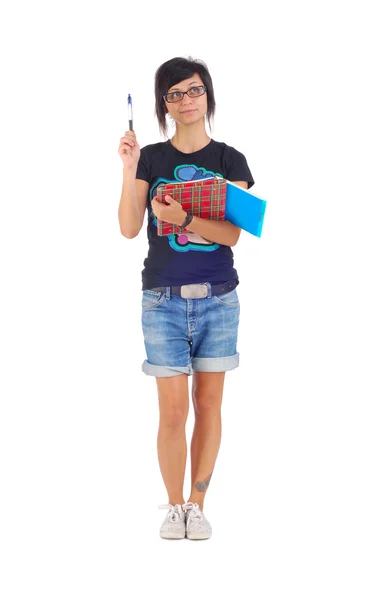 Female student with red folder has an idea, isolated on white — Stock Photo, Image