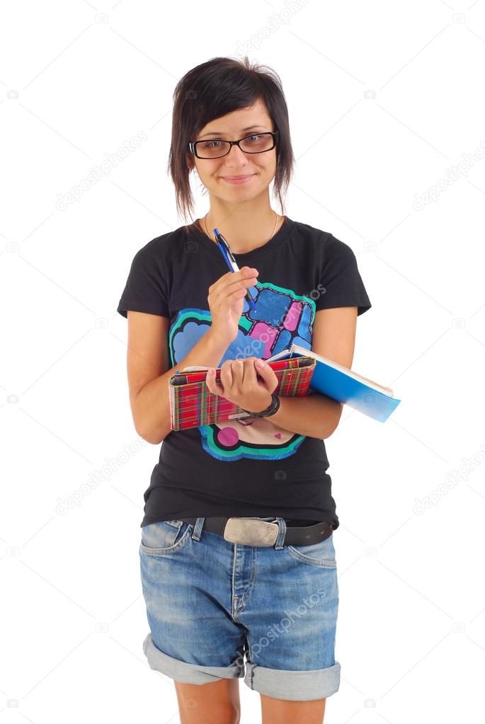 Smiling female student with red folder, isolated on white