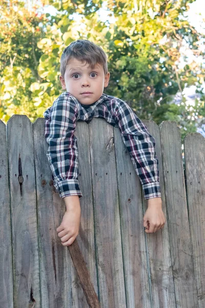 El chico de campo con camisa a cuadros se sienta en una valla. Concepto de actividad infantil. —  Fotos de Stock