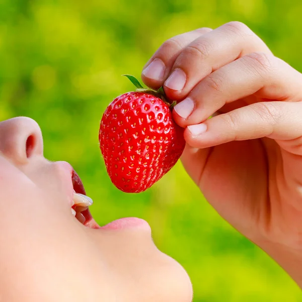Niño pone jugosas fresas maduras en la boca de cerca —  Fotos de Stock