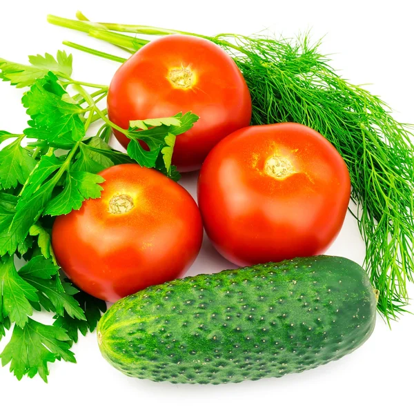 Vegetables tomatoes, cucumber, parsley, dill isolated on white background