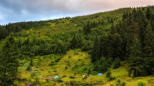 Campeggio in collina sulle montagne dei Carpazi, viaggio estivo . — Foto Stock