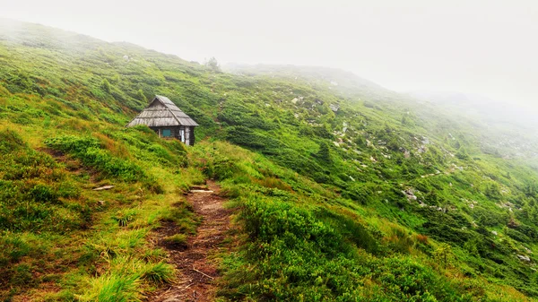 Trilha de montanha para a pequena casa de madeira na colina de cume em Cárpatos, Ucrânia . — Fotografia de Stock