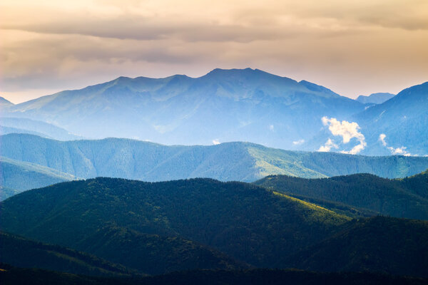 Picturesque Carpathian mountains landscape, view of the mountain ridges, Ukraine.