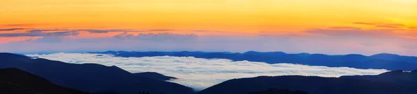 Bulutların üzerindeki dağlarda pitoresk gündoğumu sabahı, Karpatlar, panoramik manzara, Ukrayna. — Stok fotoğraf