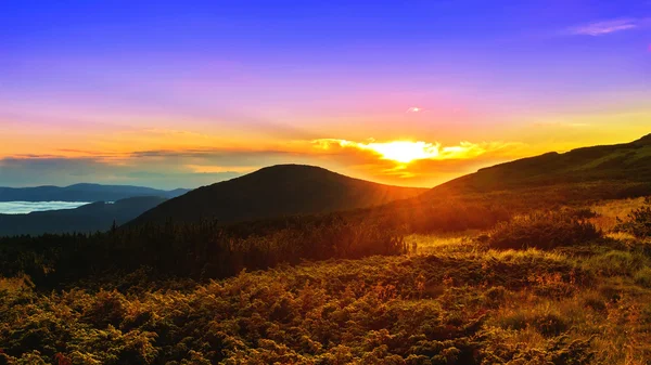 Pittoreske zonsopgang, 's morgens dageraad in de Karpaten, Oekraïne. — Stockfoto