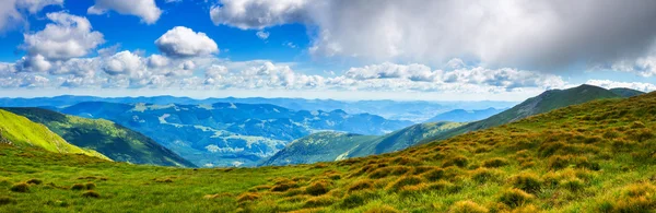 Malerische Karpatenlandschaft im Sommer, Weitwinkelpanorama, Ukraine. — Stockfoto