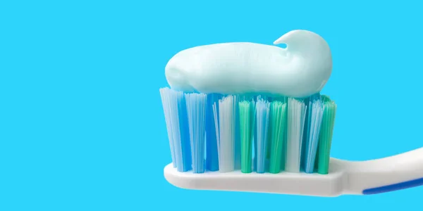 Toothbrush Head Toothpaste Blue Background Close View Macro — Stock Photo, Image