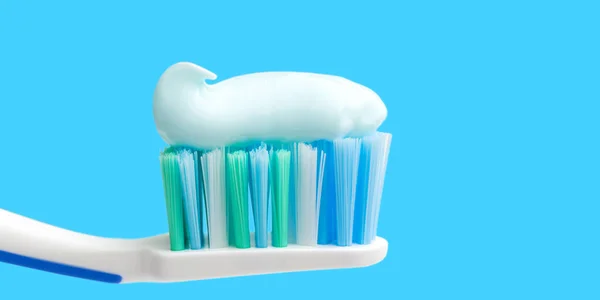 Toothbrush Head Toothpaste Blue Background Close View Macro — Stock Photo, Image