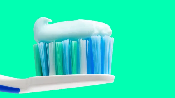 Toothbrush Head Toothpaste Mint Green Background Close View Macro — Stock Photo, Image