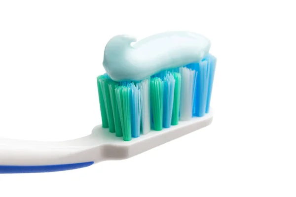 Toothbrush Head Toothpaste Close View Isolated White Background Macro — Stock Photo, Image