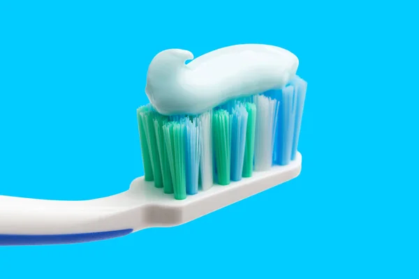 Toothbrush Head Toothpaste Blue Background Close View Macro — Stock Photo, Image