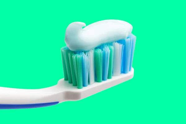 Toothbrush Head Toothpaste Mint Green Background Close View Macro — Stock Photo, Image