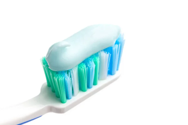 Toothbrush Head Toothpaste Close View Isolated White Background Macro — Stock Photo, Image