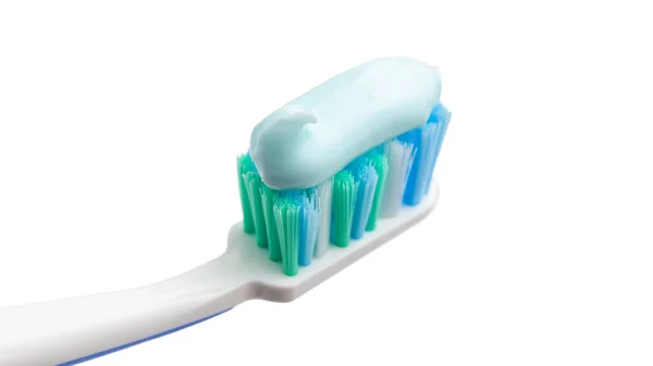 Toothbrush Head Toothpaste Close View Isolated White Background Macro — Stock Photo, Image