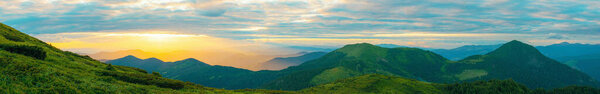 Colorful landscape of sunset in the mountains , scenic wild nature panorama, Carpathians, Ukraine.