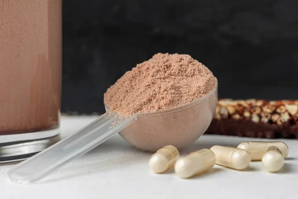Коктейль Изолята Сывороточного Соевого Белка Шоколадный Протеин Белые Капсулы Аминокислот — стоковое фото