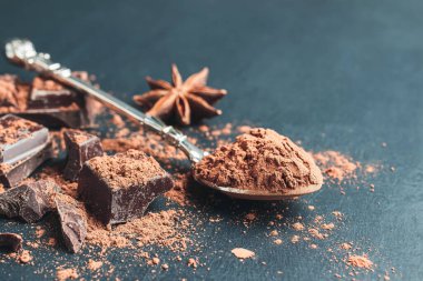 Kaşıkta kahverengi kakao tozu, çikolata küpleri ve arka planda fotokopi alanı olan yıldız anason..