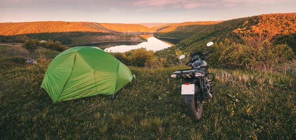 Motorcycle Traveling Concept Camping Tent Scenic Nature Landscape Canyon National — Stock Photo, Image