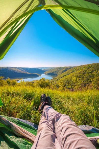 Pov View Feet Trekking Shoes Resting Traveler Camping Tent View — Stock Photo, Image