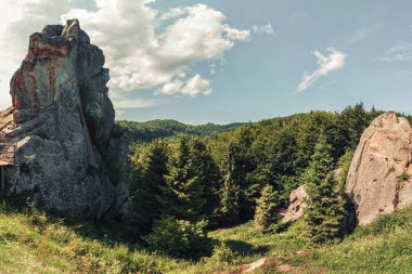 Karpat dağlarındaki yüksek kayalar, doğa manzarası, Tustan kalesinin kalıntıları..