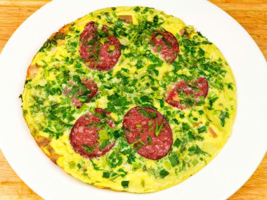 Omlete sosis ve ahşap masa, beyaz tabakta otlar ile ana sayfa görünümü