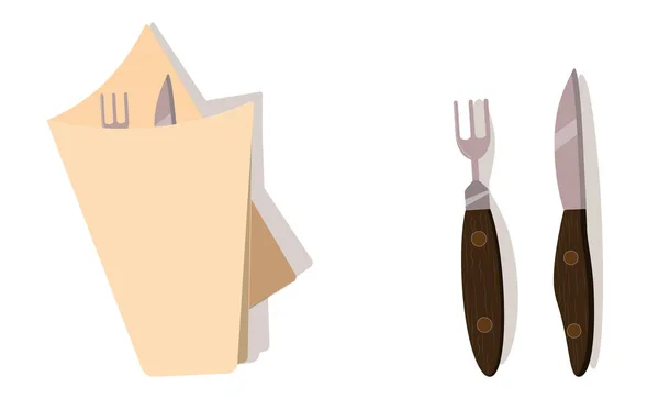 Bestick. Gaffel, kniv, servett. Handtag av stål — Stock vektor